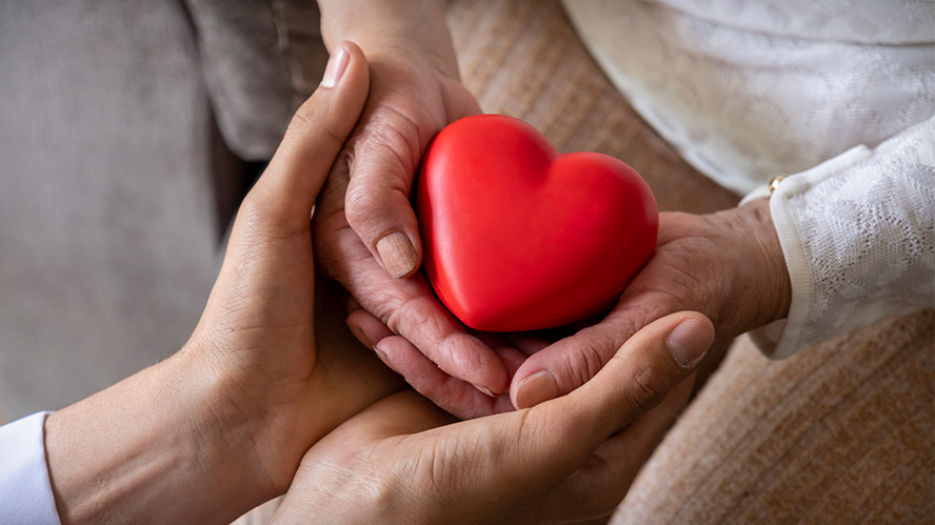 Elderly person holding a heart shaped block with another pair of hands supporting them.